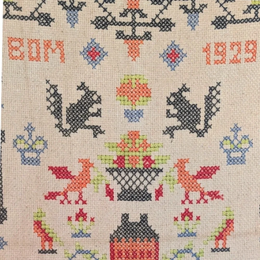 Antique 1929 Cross Stitch Sampler Old Hand Stitched Folk Art Bird Large Tapestry